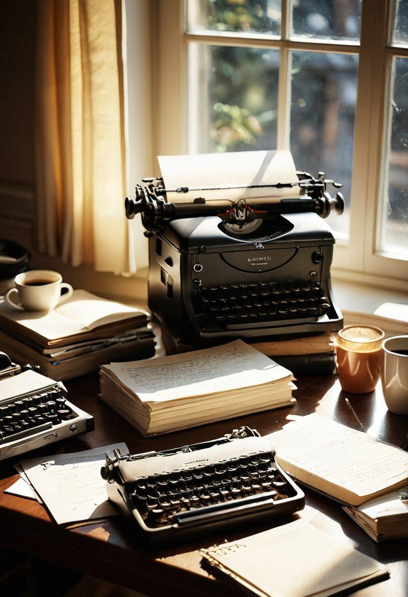 A cozy workspace adorned with a vintage typewriter, open notebooks filled with handwritten notes, and a steaming cup of coffee. Sunlight streams through a window, illuminating personal photos and meaningful memorabilia on the desk. The atmosphere exudes warmth and creativity, inviting the viewer to reflect on personal stories shared through blogging. soft focus. warm tones. nostalgic ambiance.