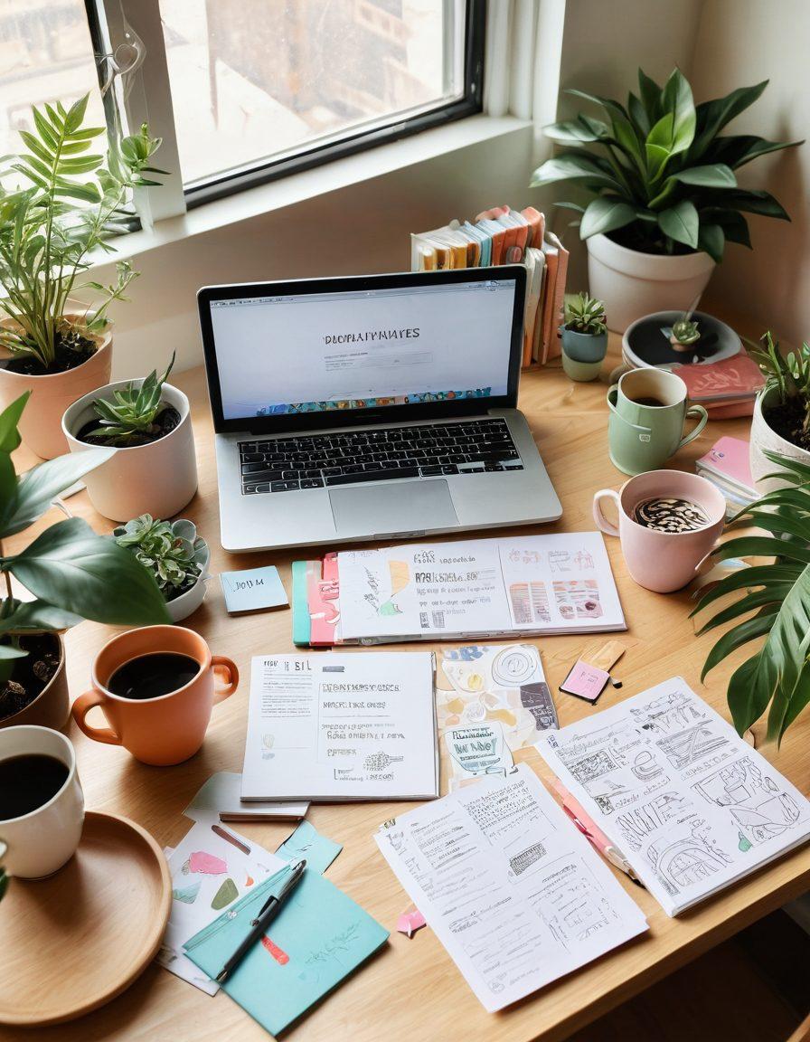 A whimsical desk scene filled with colorful stationery, an open laptop showcasing a vibrant blog layout, and scattered notes filled with doodles and ideas. Surrounding the desk are plants, coffee cups, and inspiring quote prints, all bathed in warm, inviting sunlight. The composition should evoke a sense of freedom and creativity, encouraging viewers to dive into casual blogging. playful illustration. soft pastel colors.