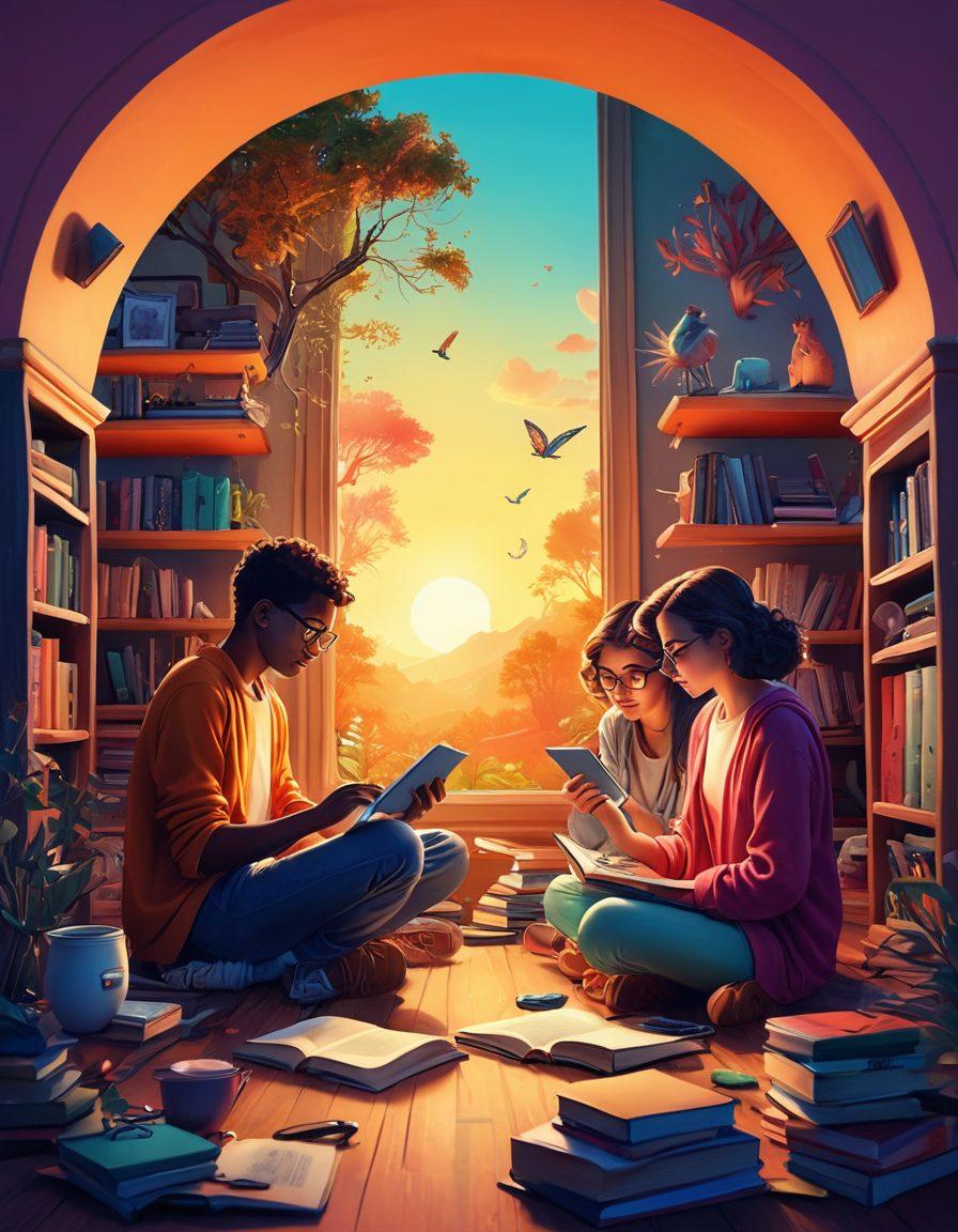A vibrant and whimsical illustration of a diverse group of people engaged in storytelling, surrounded by books, art supplies, and digital devices. Each person is depicted with an aura of creativity, showcasing their unique artistic expressions through colors and fantasy elements emerging from their devices. The background features a blend of nature and technology, symbolizing the fusion of online storytelling with real-world inspiration. Soft, warm lighting to evoke a sense of comfort and engagement. digital art. vibrant colors. whimsical style.